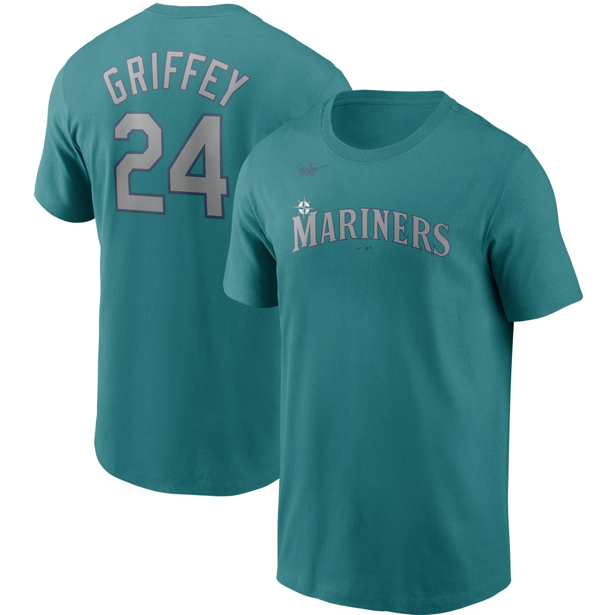 Seattle Mariners #24 Ken Griffey Jr. Nike Cooperstown Collection Name & Number T-Shirt Aqua